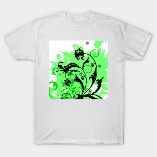 Green Black Floral Art T-Shirt